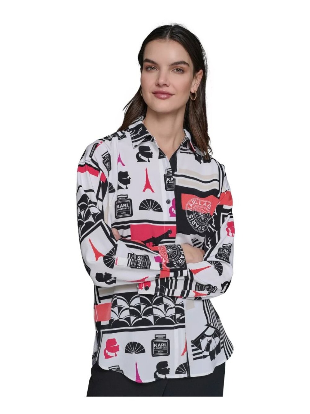 KARL LAGERFELD PARIS Petite Size PS Printed Long-Sleeve Shirt White Black $89